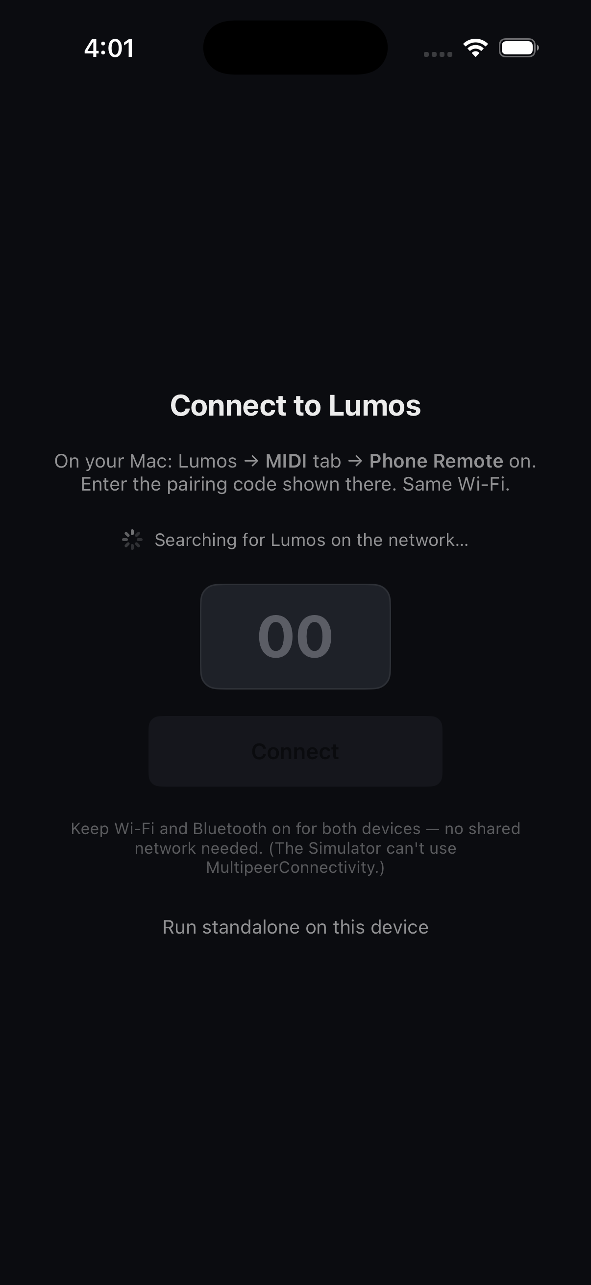 The NOIR Lumos iPhone pairing screen: Connect to Lumos with a two-digit code, or run standalone on the device.