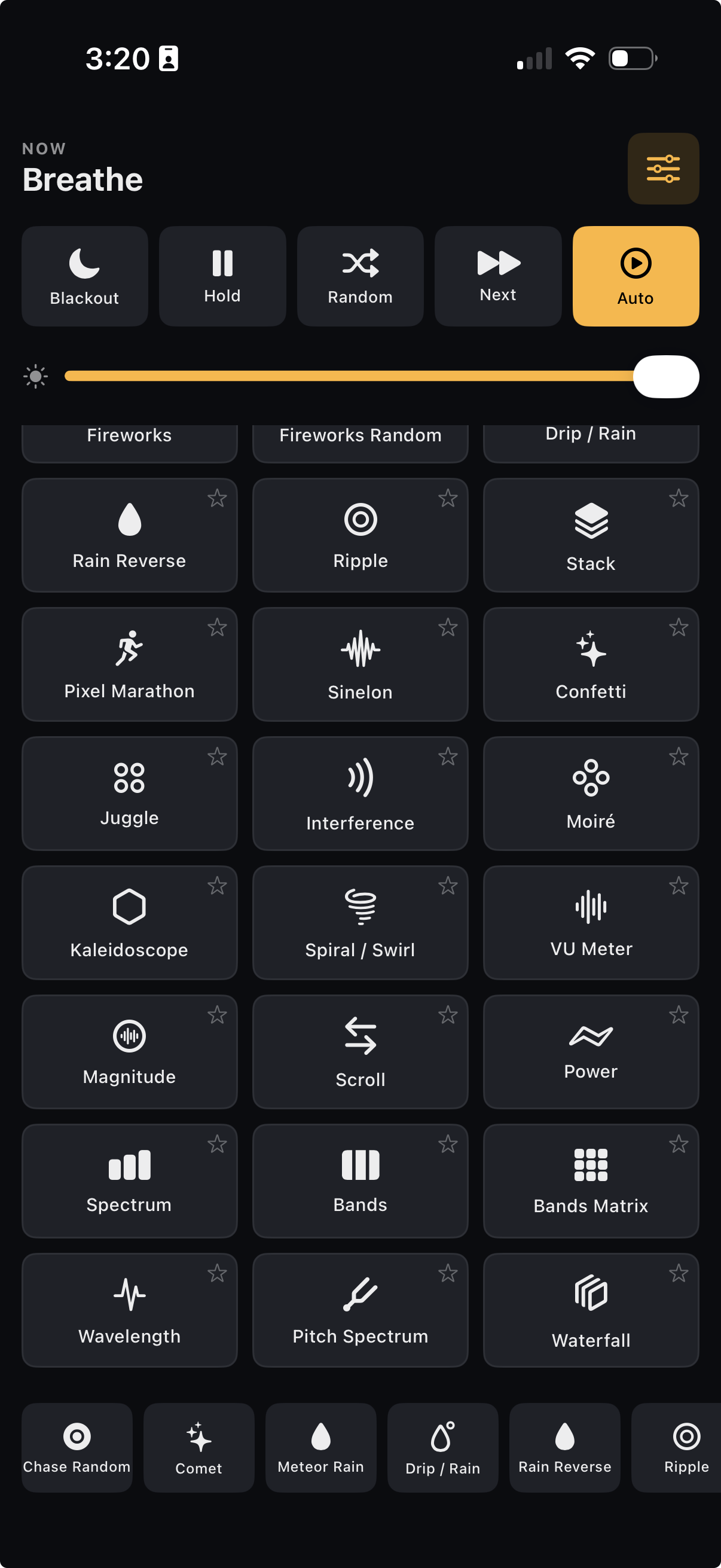 The NOIR Lumos iPhone companion: a launch grid of effects with Blackout, Hold, Random, Next and Auto transport plus a brightness slider.