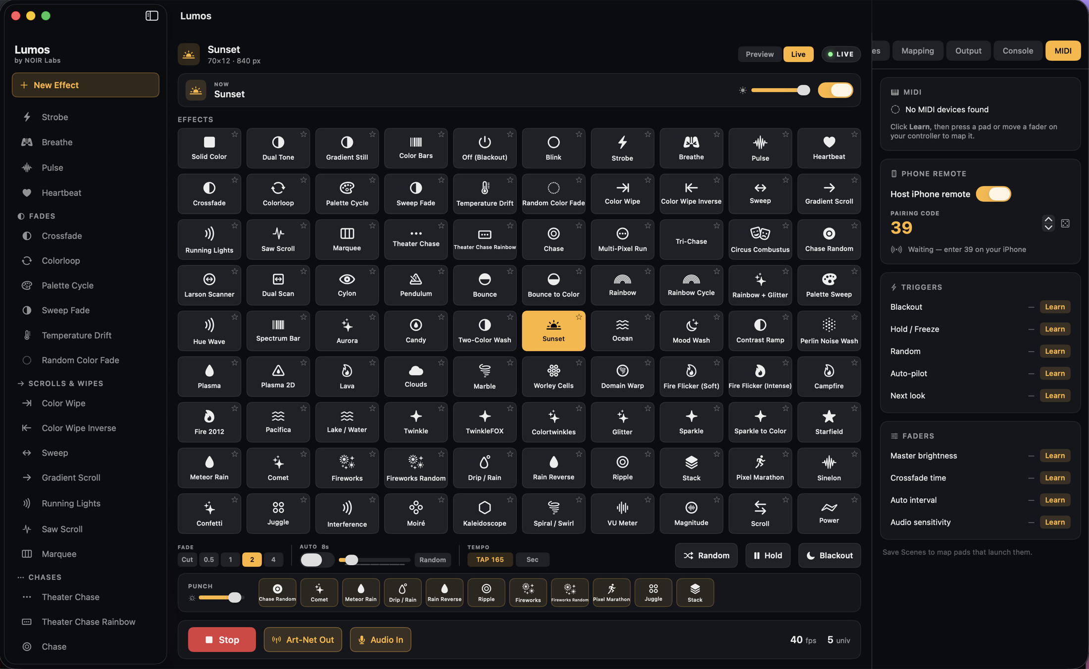 NOIR Lumos Live mode on macOS — the full effect launch grid with Sunset playing, transport controls, and the MIDI mapping and iPhone-remote pairing panel.