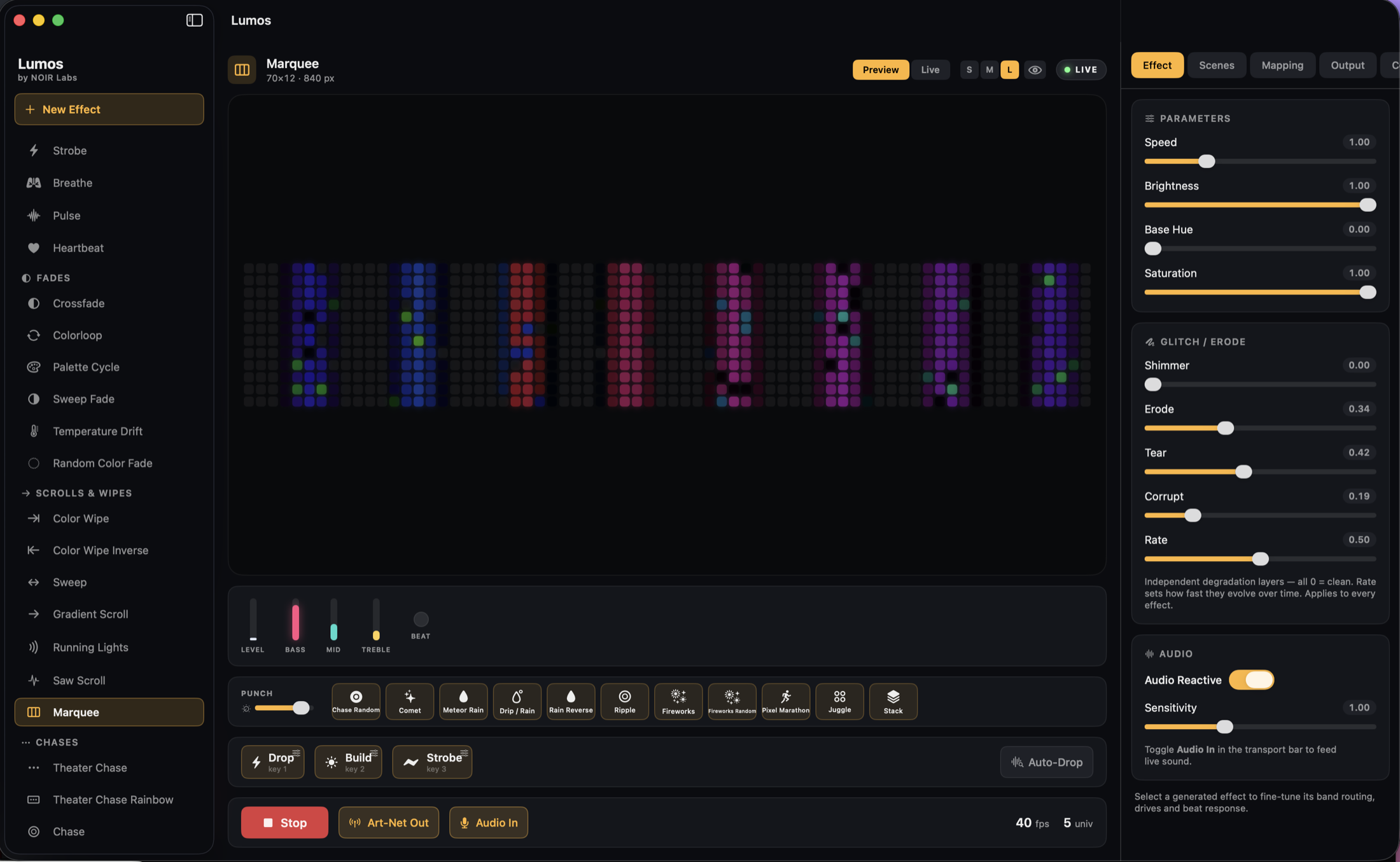 NOIR Lumos on macOS rendering the Marquee effect in full color across the pixel-grid preview, with the Parameters and Glitch / Erode inspector.